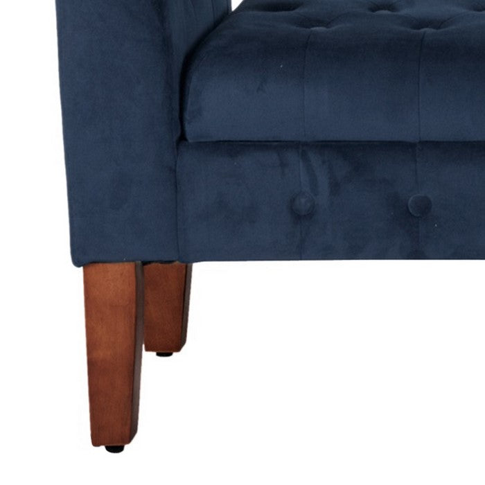 Velvet Upholstered Button Tufted Wooden Bench Settee With Hinged Storage, Dark Blue and Brown