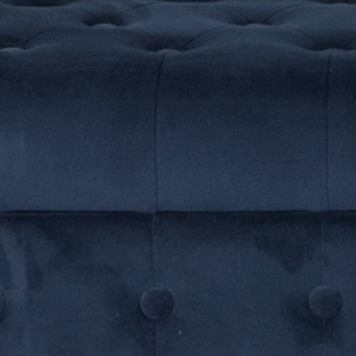 Velvet Upholstered Button Tufted Wooden Bench Settee With Hinged Storage, Dark Blue and Brown