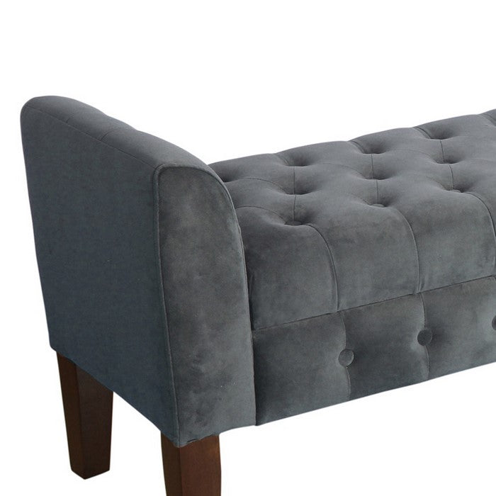 Velvet Upholstered Button Tufted Wooden Bench Settee With Hinged Storage, Dark Gray and Brown