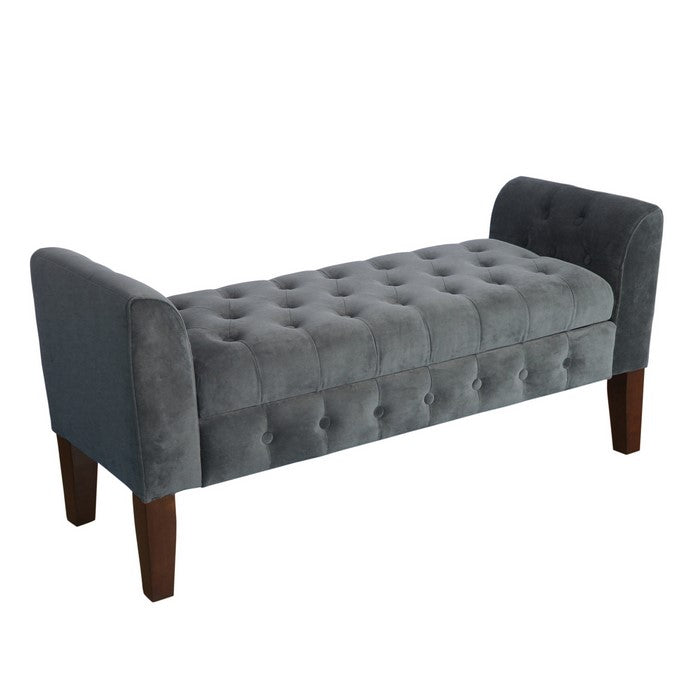 Velvet Upholstered Button Tufted Wooden Bench Settee With Hinged Storage, Dark Gray and Brown
