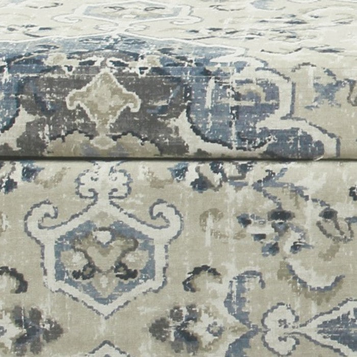 Medallion Print Fabric Upholstered Wooden Bench With Hinged Storage, Large, Blue and Cream