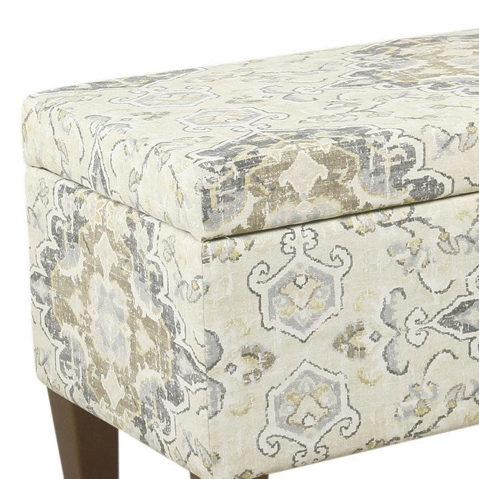 Medallion Print Fabric Upholstered Wooden Bench With Hinged Storage, Large, Brown and Cream