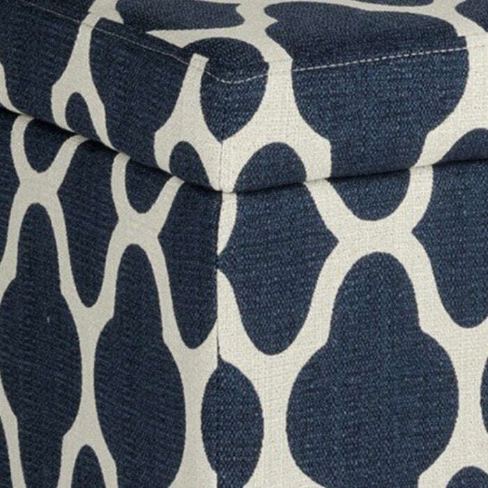 Quatrefoil Print Fabric Upholstered Wooden Bench With Hinged Storage, Large, Blue and White