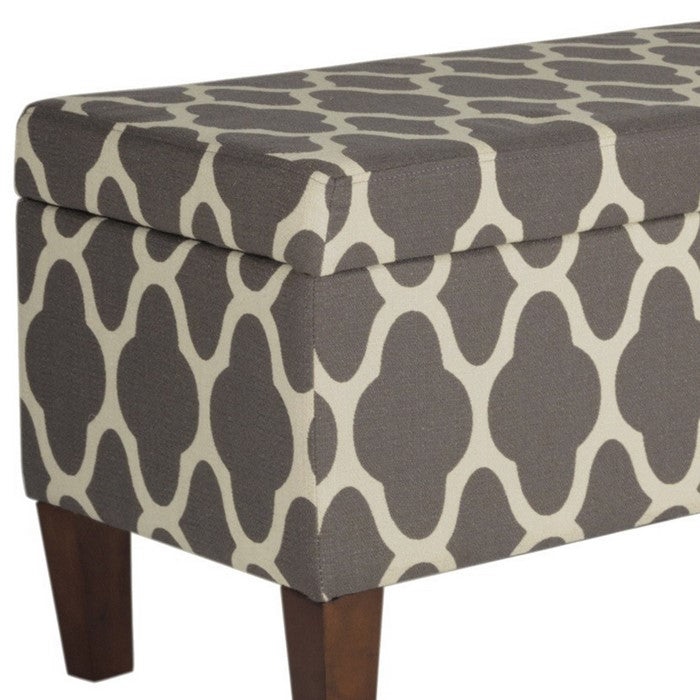 Quatrefoil Print Fabric Upholstered Wooden Bench With Hinged Storage, Large, Gray and Cream