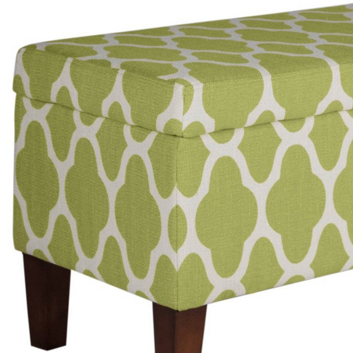 Quatrefoil Print Fabric Upholstered Wooden Bench With Hinged Storage, Large, Green and Cream
