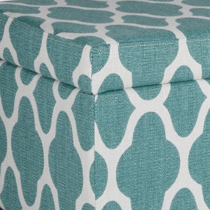 Quatrefoil Print Fabric Upholstered Wooden Bench With Hinged Storage, Large, Teal Blue and Cream