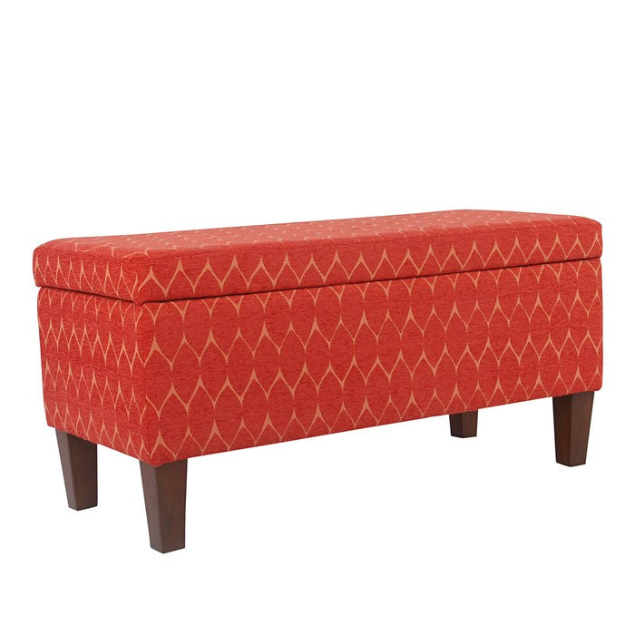 Geometric Patterned Fabric Upholstered Wooden Bench with Hinged Storage, Large, Orange and Brown