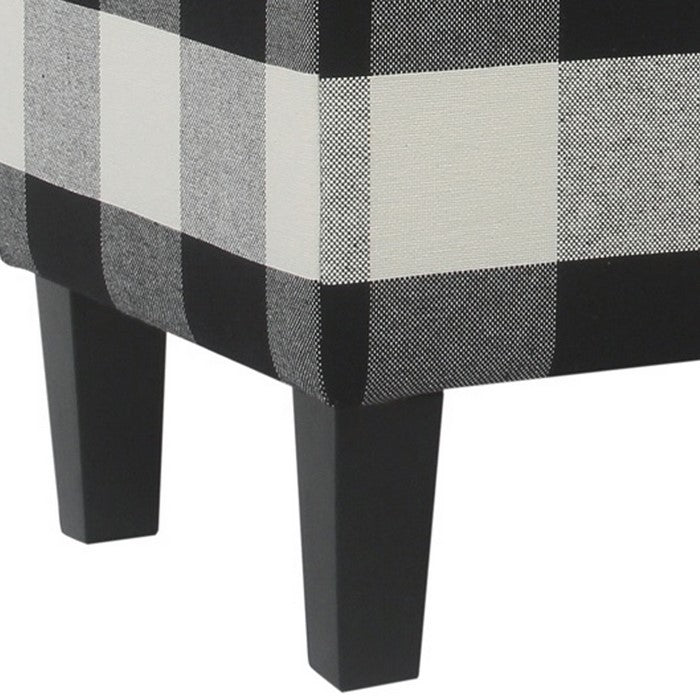 Checkered Pattern Fabric Upholstered Storage Bench With Tapered Wood Legs, Large, Black and White