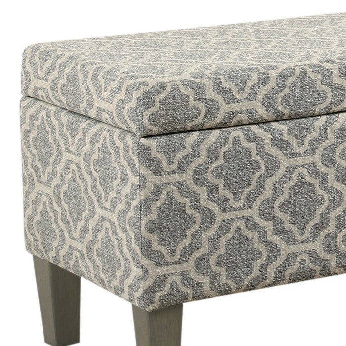 Geometric Trellis Patterned Fabric upholstered Wooden Bench With Storage, Large, Gray and Cream