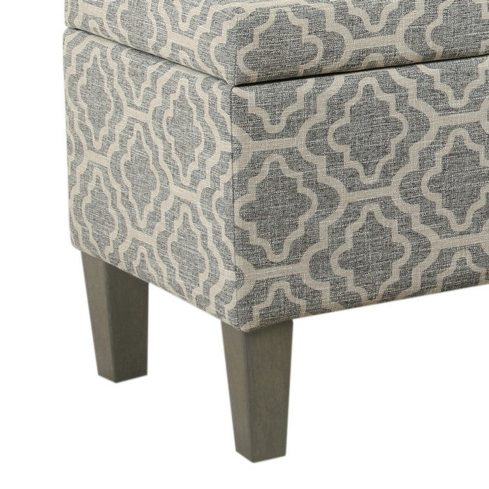 Geometric Trellis Patterned Fabric upholstered Wooden Bench With Storage, Large, Gray and Cream