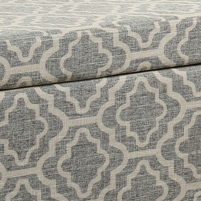 Geometric Trellis Patterned Fabric upholstered Wooden Bench With Storage, Large, Gray and Cream