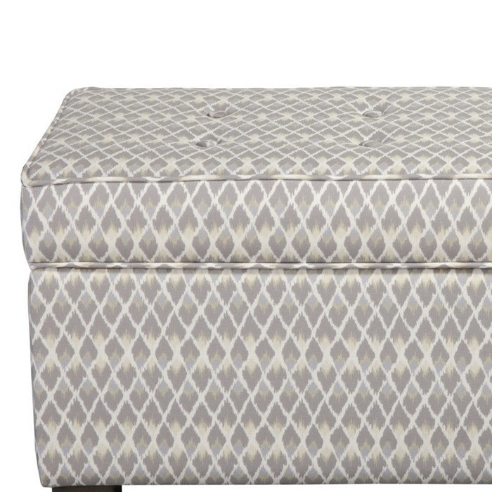Wooden Ottoman With Intricate Diamond Pattern Fabric Upholstery, Large, Gray and Cream