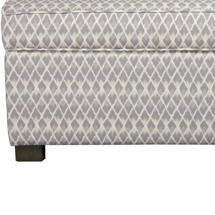 Wooden Ottoman With Intricate Diamond Pattern Fabric Upholstery, Large, Gray and Cream