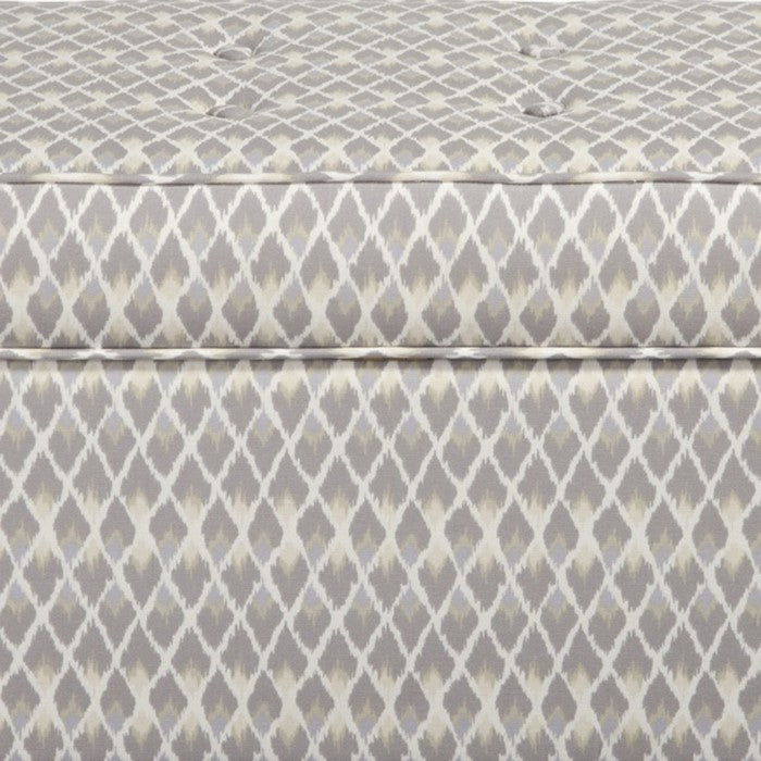 Wooden Ottoman With Intricate Diamond Pattern Fabric Upholstery, Large, Gray and Cream