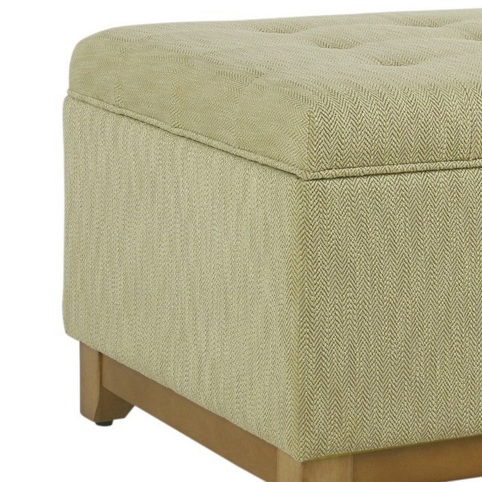 Herringbone Textured Fabric Upholstered Wooden Ottoman With Button Tufted Top, Beige and Brown