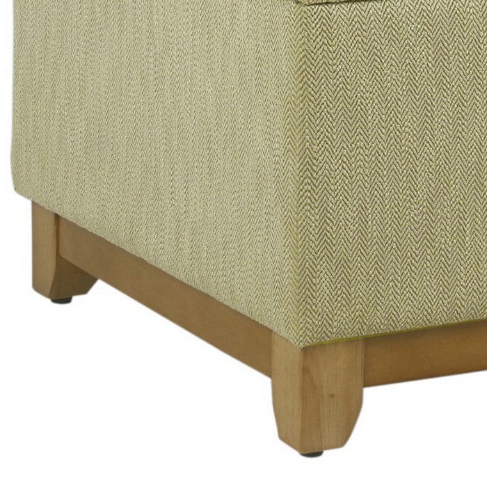 Herringbone Textured Fabric Upholstered Wooden Ottoman With Button Tufted Top, Beige and Brown