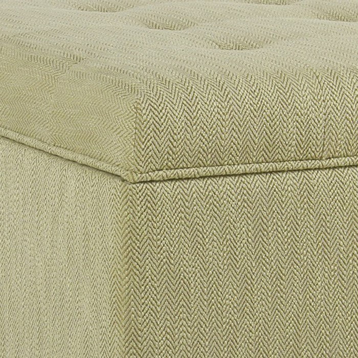 Herringbone Textured Fabric Upholstered Wooden Ottoman With Button Tufted Top, Beige and Brown