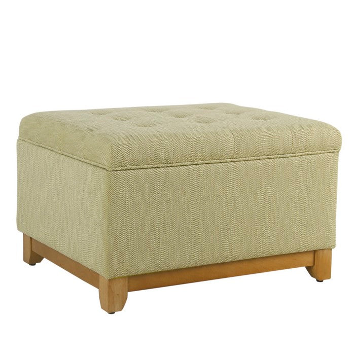 Herringbone Textured Fabric Upholstered Wooden Ottoman With Button Tufted Top, Beige and Brown