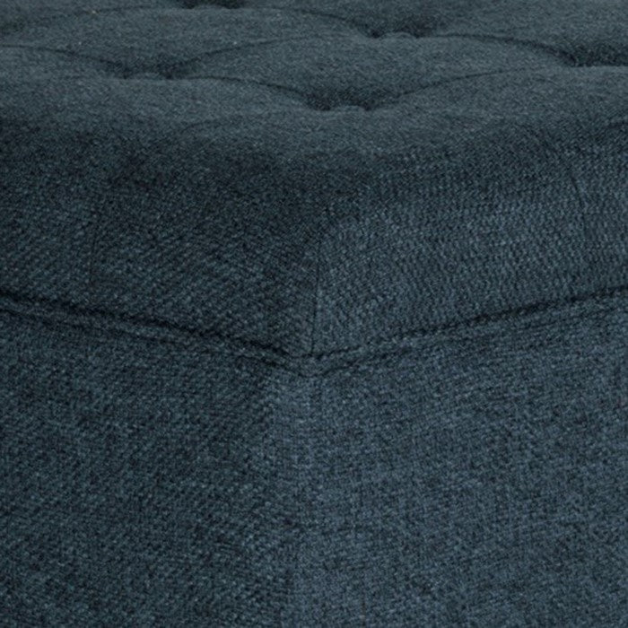 Textured Fabric Upholstered Wooden Ottoman With Button Tufted Top, Blue and Brown