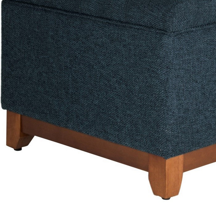 Textured Fabric Upholstered Wooden Ottoman With Button Tufted Top, Blue and Brown