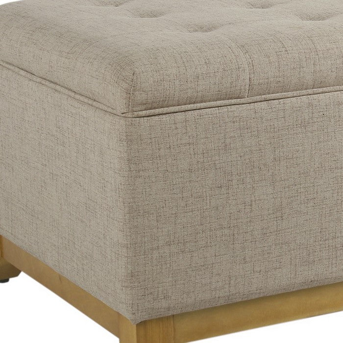 Button Tufted Fabric Upholstered Wooden Ottoman With Hinged Top Storage, Tan Brown
