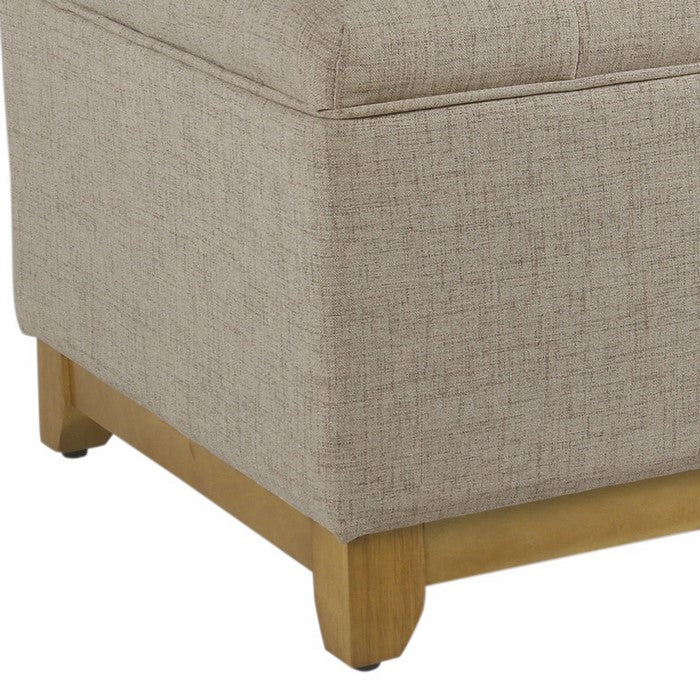 Button Tufted Fabric Upholstered Wooden Ottoman With Hinged Top Storage, Tan Brown