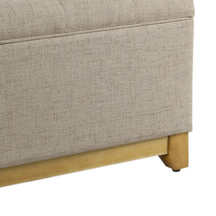 Button Tufted Fabric Upholstered Wooden Ottoman With Hinged Top Storage, Tan Brown