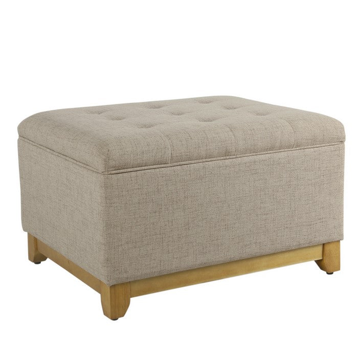 Button Tufted Fabric Upholstered Wooden Ottoman With Hinged Top Storage, Tan Brown