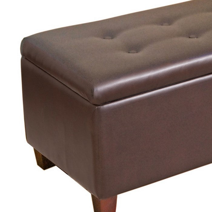 Leatherette Upholstered Wooden Bench With Button Tufted Hinged Top Storage, Brown