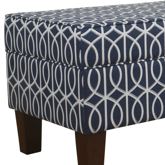 Printed Trellis Patterned Upholstered Bench With Hinged Lid Storage And Wood Feet, Large, Blue