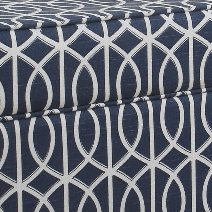 Printed Trellis Patterned Upholstered Bench With Hinged Lid Storage And Wood Feet, Large, Blue