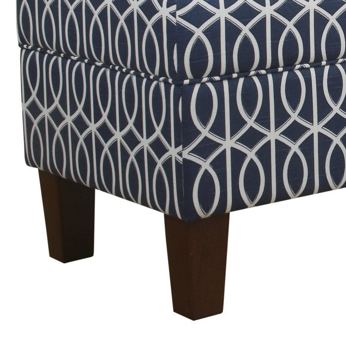 Printed Trellis Patterned Upholstered Bench With Hinged Lid Storage And Wood Feet, Large, Blue