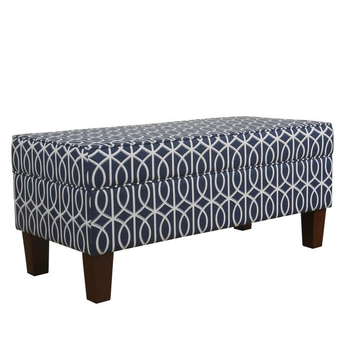 Printed Trellis Patterned Upholstered Bench With Hinged Lid Storage And Wood Feet, Large, Blue