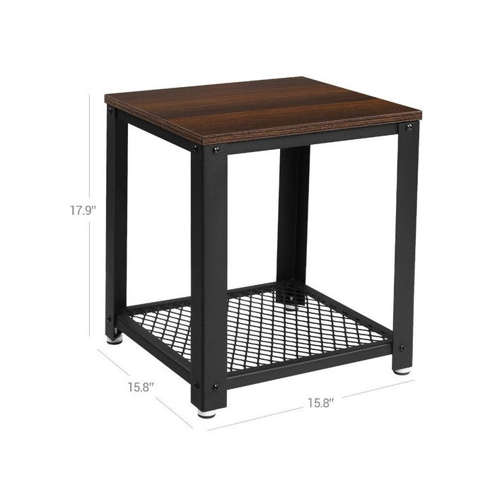 Iron Framed Side Table with Wooden Top and Wire Mesh Open Shelf, Brown and Black