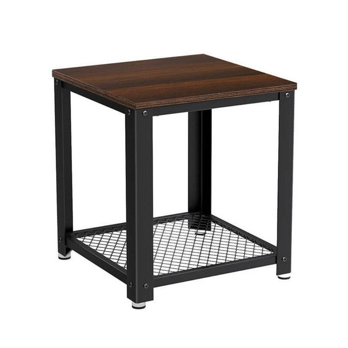 Iron Framed Side Table with Wooden Top and Wire Mesh Open Shelf, Brown and Black