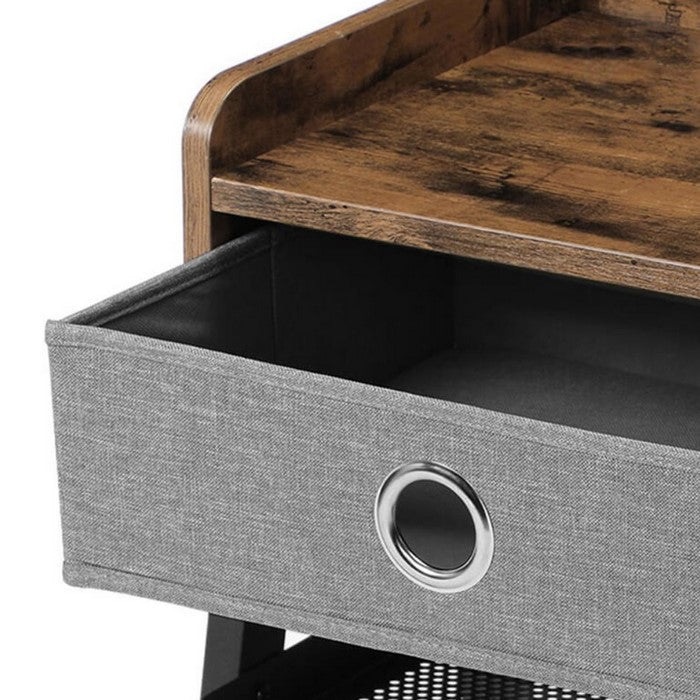 Wooden Nightstand with Fabric Removable Drawer and Metal Mesh Shelf, Brown and Black