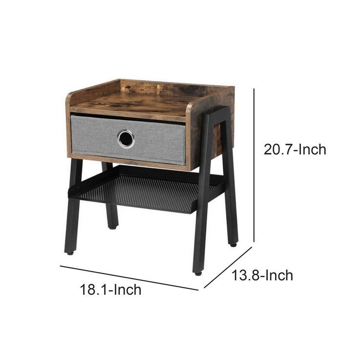 Wooden Nightstand with Fabric Removable Drawer and Metal Mesh Shelf, Brown and Black