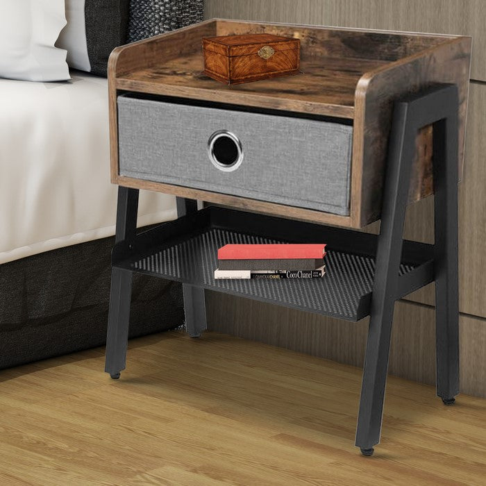Wooden Nightstand with Fabric Removable Drawer and Metal Mesh Shelf, Brown and Black