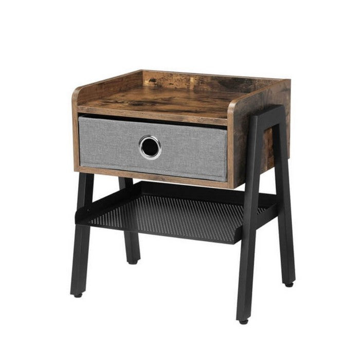 Wooden Nightstand with Fabric Removable Drawer and Metal Mesh Shelf, Brown and Black