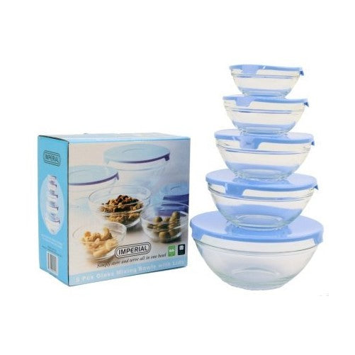 Imperial 5 Pcs Glass Nested Dipping or Storage Bowls with Blue Lids