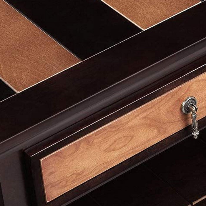 Wooden Dual Finish Coffee Table with Two Storage Drawers and Open Bottom Shelf, Brown