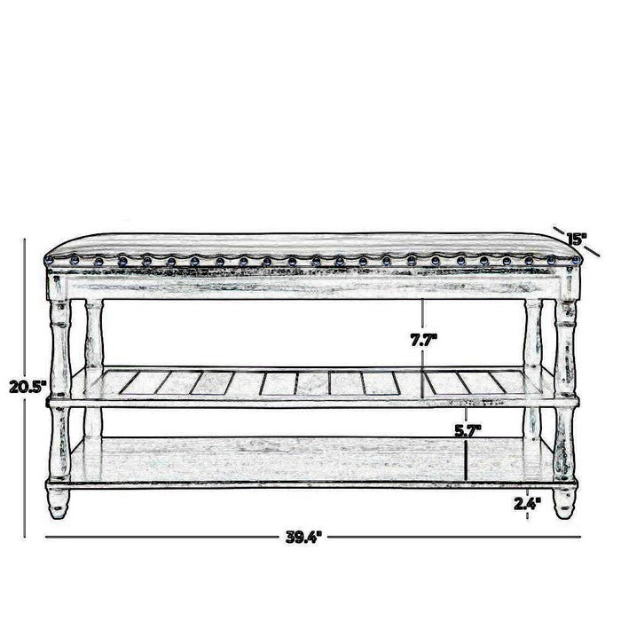 Wooden Bench with Leatherette Padded Seat and Two Storage Shelves, Brown and Black