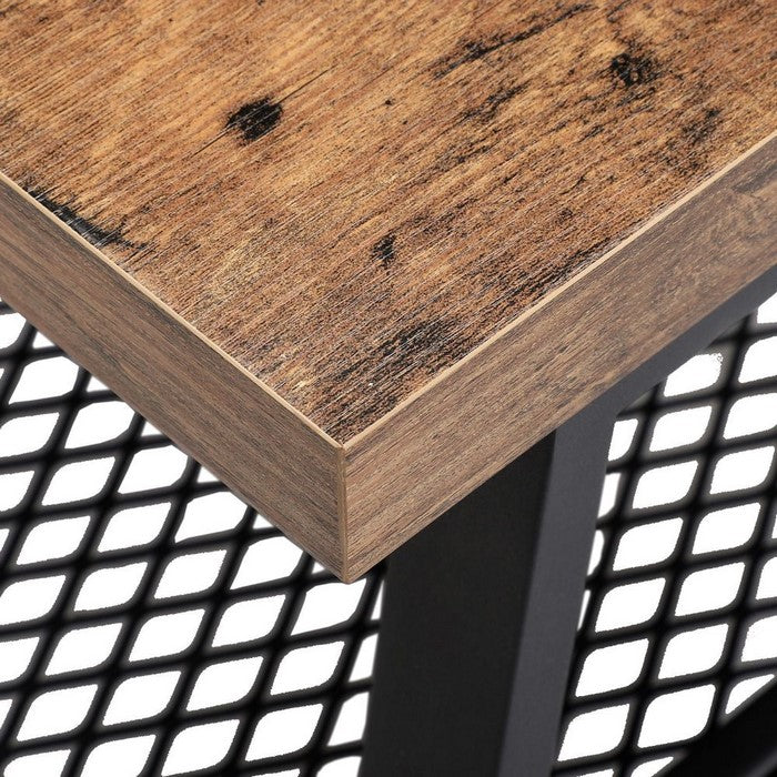 Metal Framed Nightstand with Wooden Top and Mesh Bottom Shelf, Brown and Black