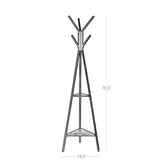 Iron Framed Coat Rack Stand with Six Hooks and Two Wooden Shelf, Black and Brown
