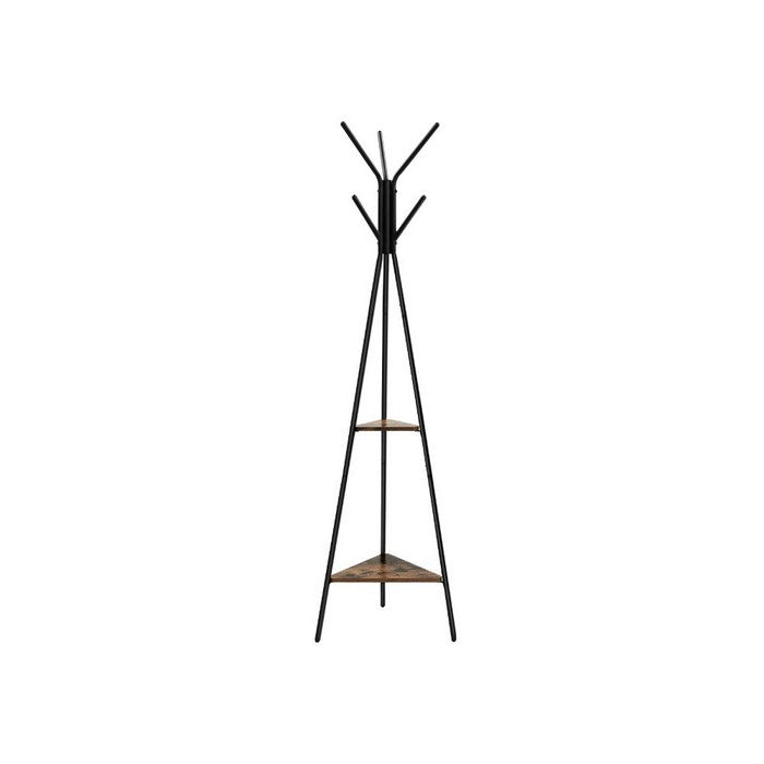 Iron Framed Coat Rack Stand with Six Hooks and Two Wooden Shelf, Black and Brown