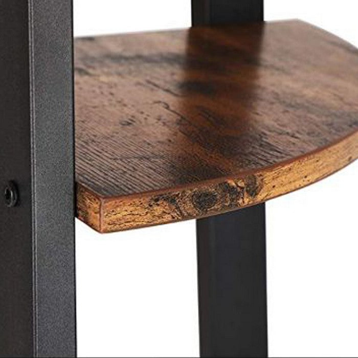 Five Tier Ladder Style Wooden Corner Shelf with Iron Framework, Brown and Black