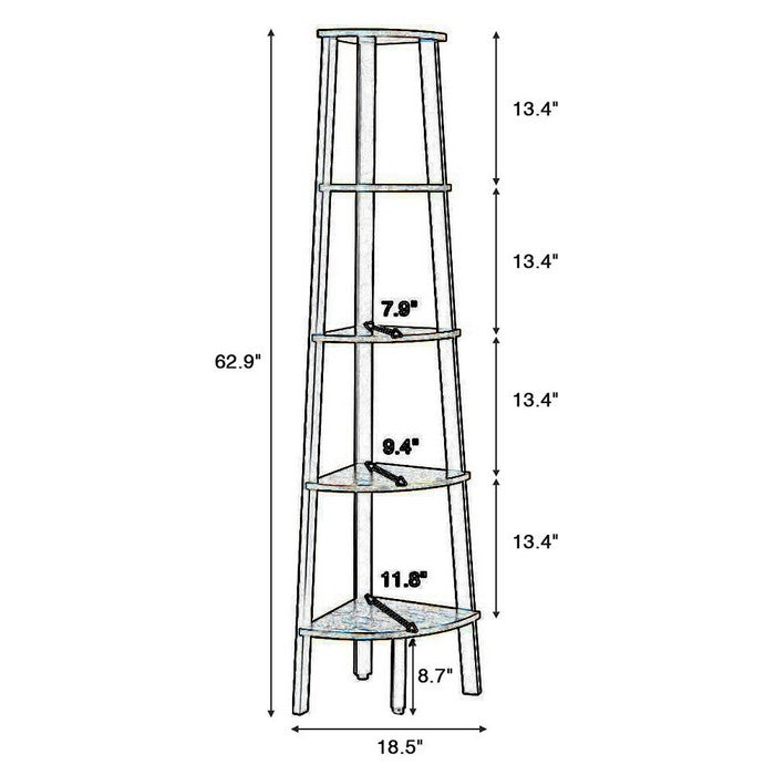 Five Tier Ladder Style Wooden Corner Shelf with Iron Framework, Brown and Black
