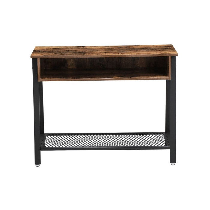 Industrial Style Wooden Console Table with Metal Framework and Mesh Bottom Shelf, Brown and Black