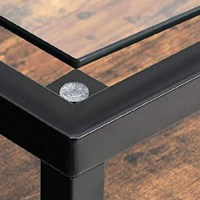 Iron Framed Coffee Table with Tempered Glass Top and Wooden Storage, Brown and Black