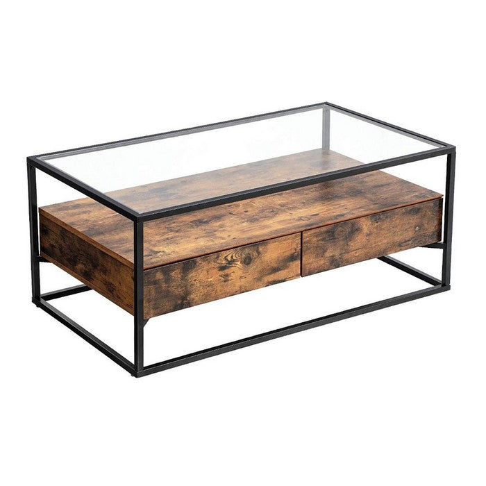 Iron Framed Coffee Table with Tempered Glass Top and Wooden Storage, Brown and Black